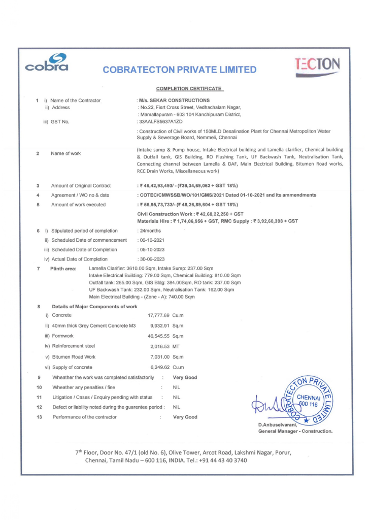 COBRA TECTON Completion Certificate - 150 MLD Nemmeli Desalination (₹56.95 Crore)