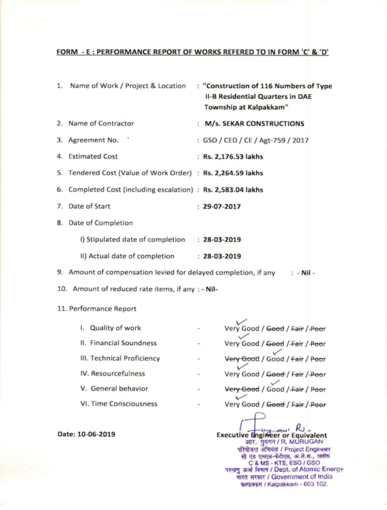 DAE Performance Report Form-E - 116 Residential Quarters, Kalpakkam (₹25.83 Crore)