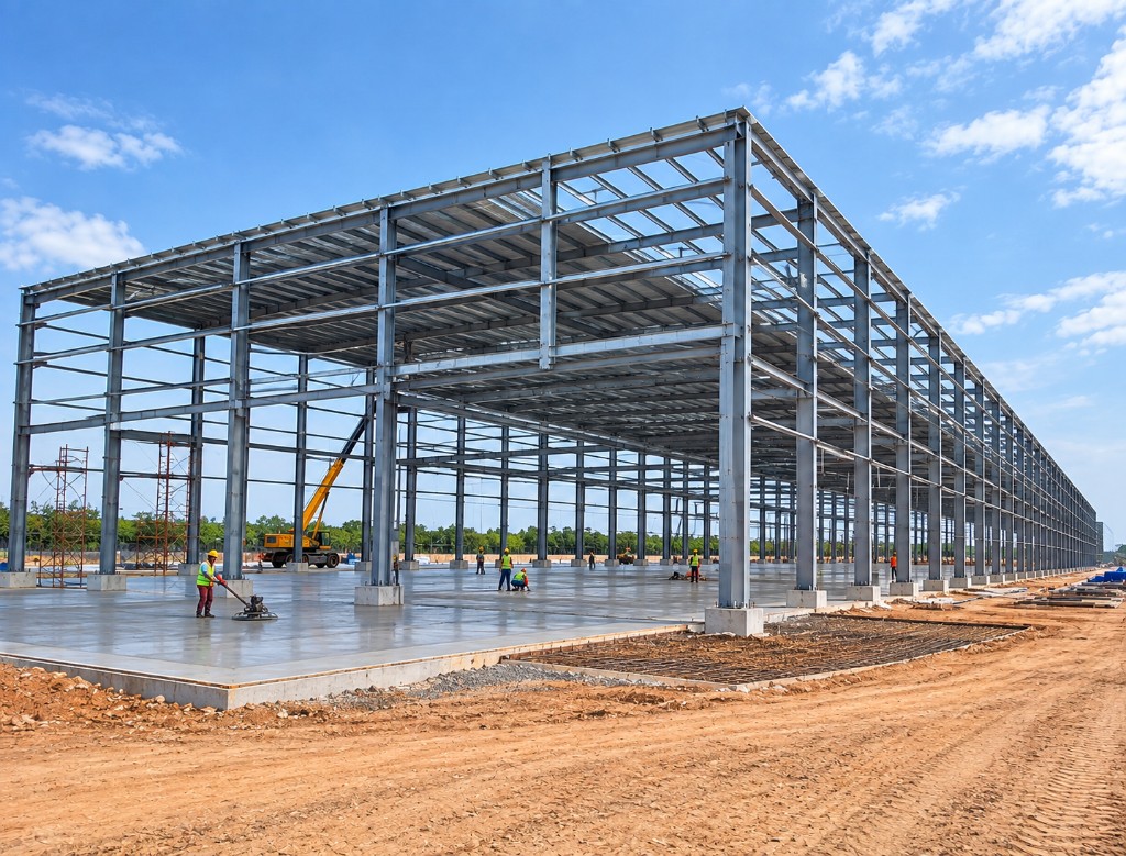 Warehouse 01 steel frame and slab works under construction