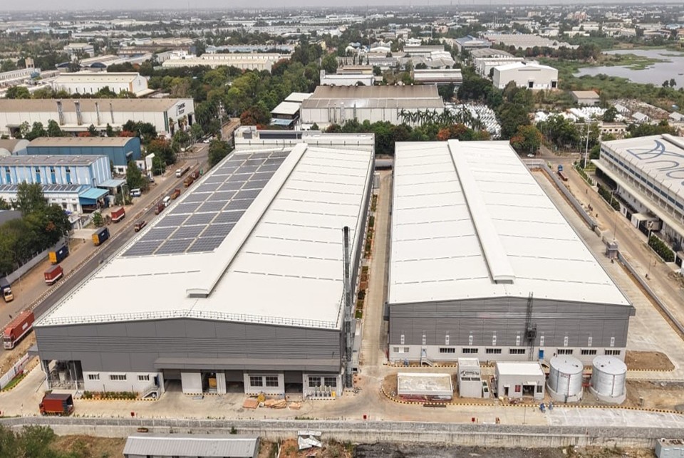 Aerial view of completed Polyhose warehouse buildings at Irungattukottai